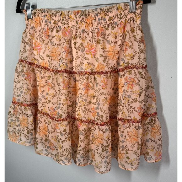 LC Lauren Conrad Womens Peach Smocked Tiered Floral Mini Skirt Medium Flowy - Picture 1 of 10